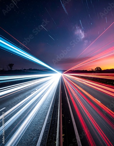 Long exposure highway photo. Streaks of red and blue light trail across a dark road under a starry sky