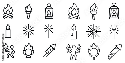 Celebration icons with candle sparkler torch lantern outline style