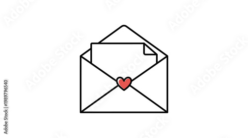 Simple Line Art Icon of an Open Envelope with a Red Heart Inside on an Isolated White Background.
