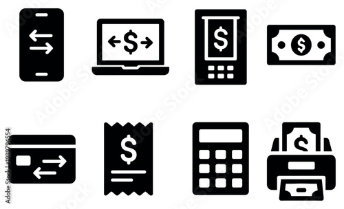 Finance icons with mobile laptop card reader flat