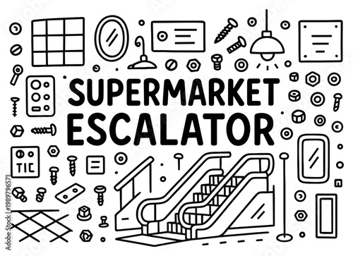 Retail icons with escalator screw bolt handrail doodle
