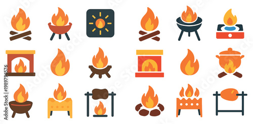 Campfire icons with flames grill logs colorful flat style
