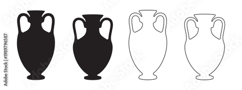 Four amphora vases silhouettes and outlines isolated on white background with archaeology artifact container isolated background silhouette decoration handmade