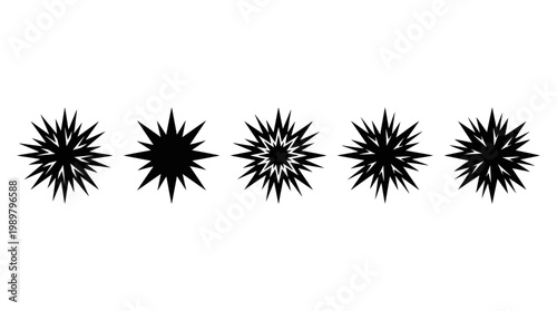 Five Black Solid Spiky Starburst Icons in a Row on an Isolated White Background.