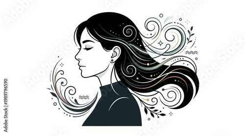 Side Profile of a Caring Woman with Flowing Dark Hair and Abstract Nature-Inspired Elements on an Isolated White Background.