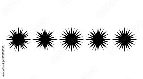 Five Black Solid Spiky Starburst Icons in a Row on an Isolated White Background.