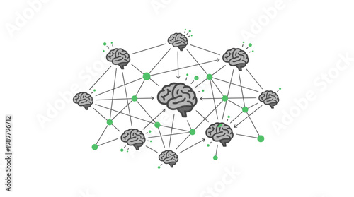 Multiple interconnected brain icons forming a network, symbolizing collective intelligence and distributed AI on an isolated white background.