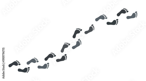 Upward curving trail of human footprints illustrating a journey and continuous progress on an isolated white background.