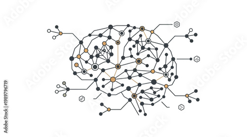 Detailed human brain illustration with interconnected network and data nodes, representing AI and neural activity on an isolated white background.