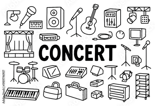 Concert icons with guitar keyboard microphone handdrawn outline