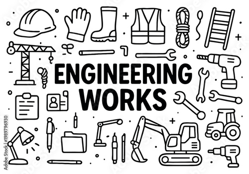Engineering icons with crane drill wrench outline style