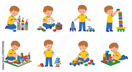 Collection of illustrations showing child building towers and structures with plastic bricks. Toddler playing with rocket ship car and robot creating imaginative stories with construction toys.