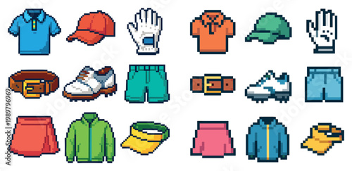 Apparel icons with polo cap glove pixel colorful
