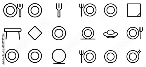Dining icons with plate fork napkin simple outline design
