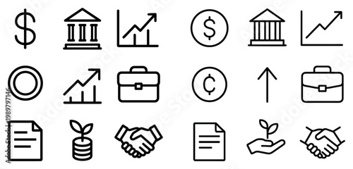 Finance icons with bank chart coin outline style
