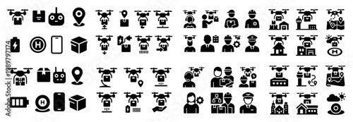 Drone icons set: delivery, control, location