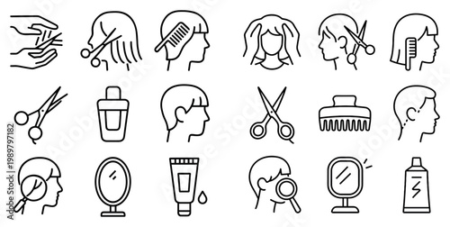 Beauty icons with scissors comb bottle minimal outline style