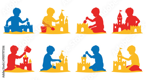 Vector illustration showing kids playing with sand buckets and shovels creating fortresses, vibrant blue yellow and red silhouettes of children at seashore enjoying summer vacation outdoors.