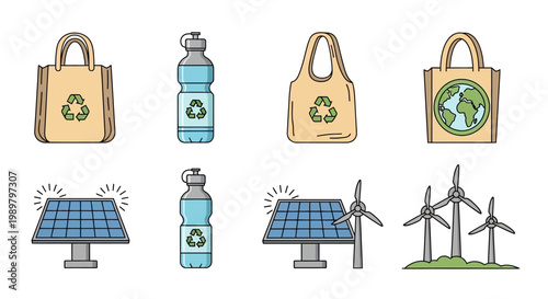 Vector icon set of sustainable lifestyle items featuring reusable cloth shopping bags, water bottles with recycle symbols, solar panels, and wind turbines representing renewable energy.
