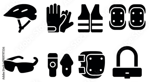 Safety icons with helmet gloves vest and pads solid bold
