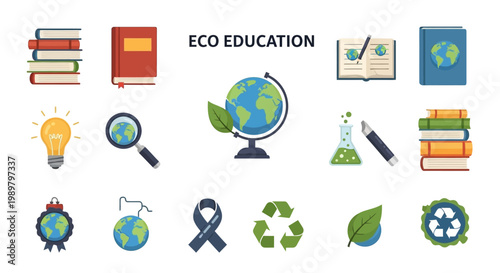 Eco education vector icon set featuring stacks of books, terrestrial globes with leaves, green recycling symbols, science flask, lightbulb, and magnifying glass on a white background.