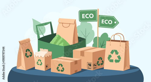 Vector illustration featuring sustainable packaging set with recycled cardboard boxes, brown kraft paper shopping bags, green reusable crate, and environmental symbols on blue table.