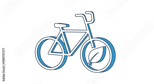 3D isometric line art illustration of a blue and white bicycle featuring a leaf symbol in the front wheel, representing sustainable transportation and eco-friendly urban mobility.