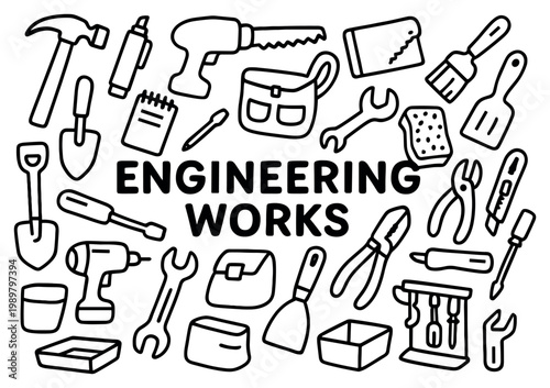 Engineering icons with hammer wrench drill outline style