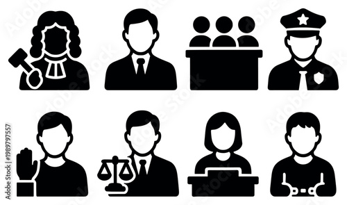 Legal icons with judge gavel jury and police outline style