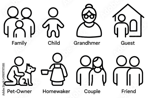 Household icons with family child guest line style