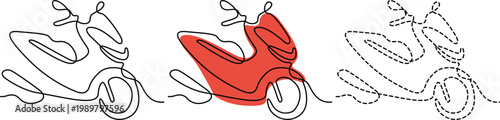 Three distinct motorcycle designs in simple line art and one colored illustration. Vector