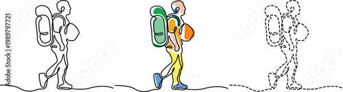 Hikers with varying backpack loads and equipment on a journey Vector