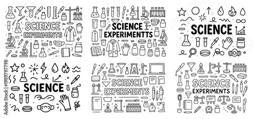 Science experiments doodles and lab equipment illustrations