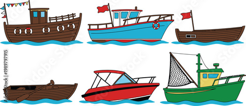 Collection of Diverse Cartoon Style Boats Floating on Water, Nautical Illustration