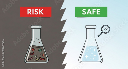 Comparison of contaminated water sample containing bacteria versus purified safe water in laboratory flask with magnifying glass vector illustration