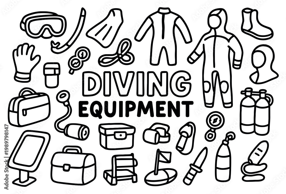 Obraz premium Diving equipment icons with wetsuit mask tanks outline