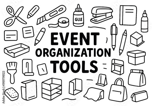 Event icons with scissors glue tape stapler in hand drawn outline style