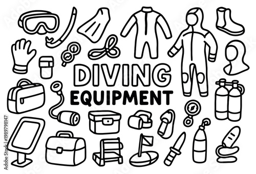 Diving equipment icons with wetsuit mask tanks outline