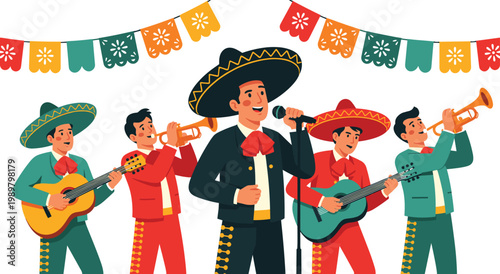 Traditional mexican mariachi band performers playing guitars trumpets and singing in festive costumes with sombreros and colorful papel picado bunting background for cinco de mayo celebration.