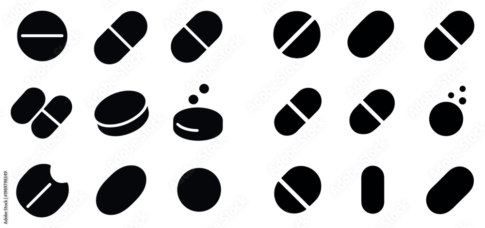 Fototapeta premium Medicine icons with pill capsule and tablet minimal silhouette