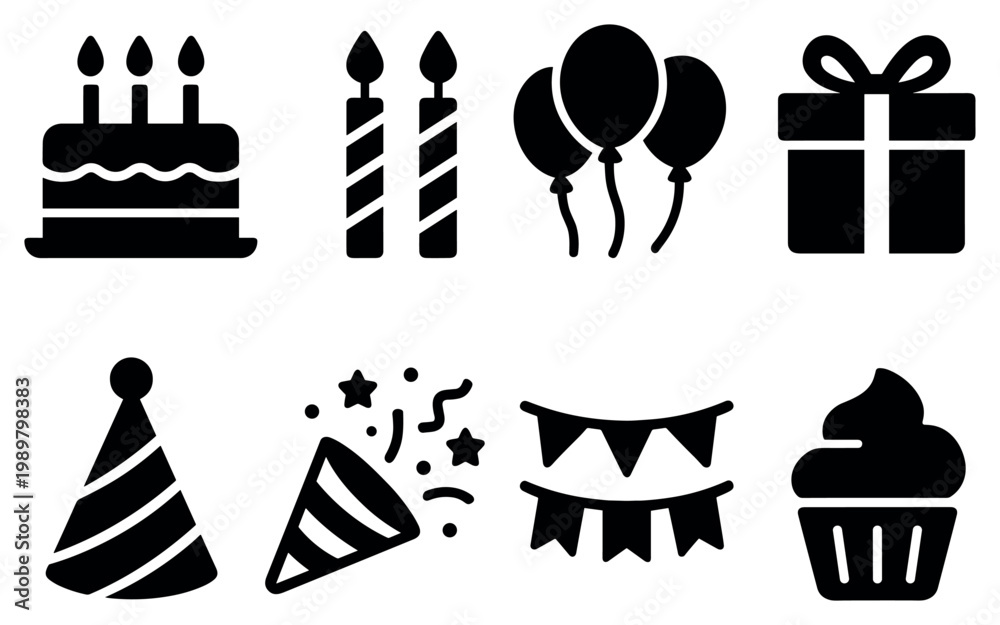 Fototapeta premium Party icons with cake candles balloons gift playful