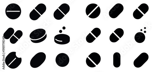 Medicine icons with pill capsule and tablet minimal silhouette