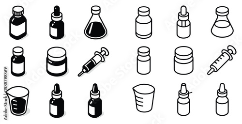 Laboratory icons with bottle dropper syringe beaker outline style