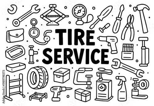 Tire service icons with jack wrench gauge outline doodle