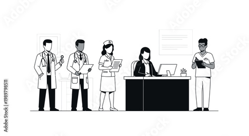 Line illustration of medical professionals and administrative staff gathered around a reception desk in a hospital or clinic setting with a clean and minimalist aesthetic.