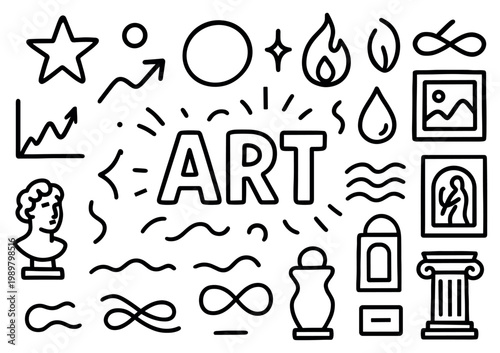 Art icons with bust sculpture picture frame and vase outline style