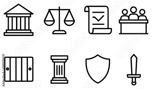 Legal icons with courthouse scale sword outline
