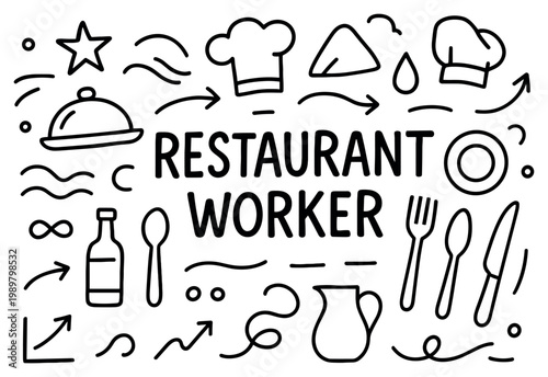 Restaurant icons with chef hat cloche utensils doodle style