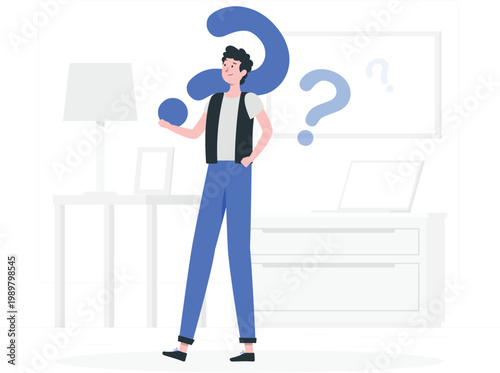 Young man standing in room surrounded by giant blue question marks thinking of solution.