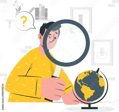 Curious person using magnifying glass to examine globe world map and searching for place.